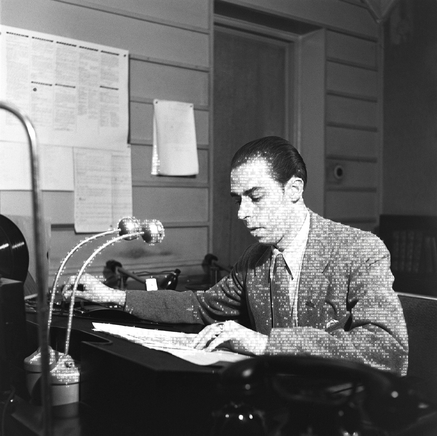 A radio announcer at work in the studio, 1930s