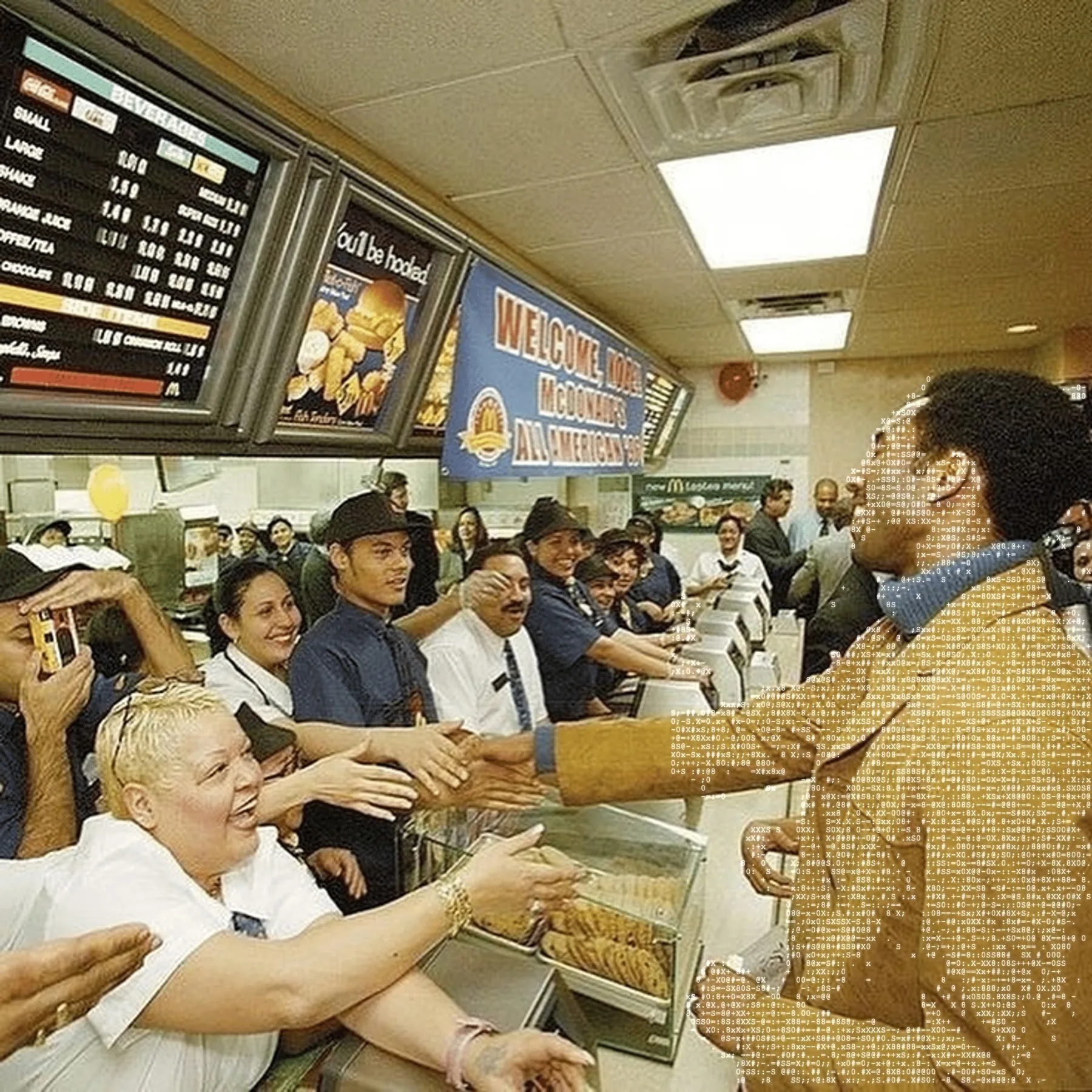 Restaurant staff and guests reach across a crowded counter