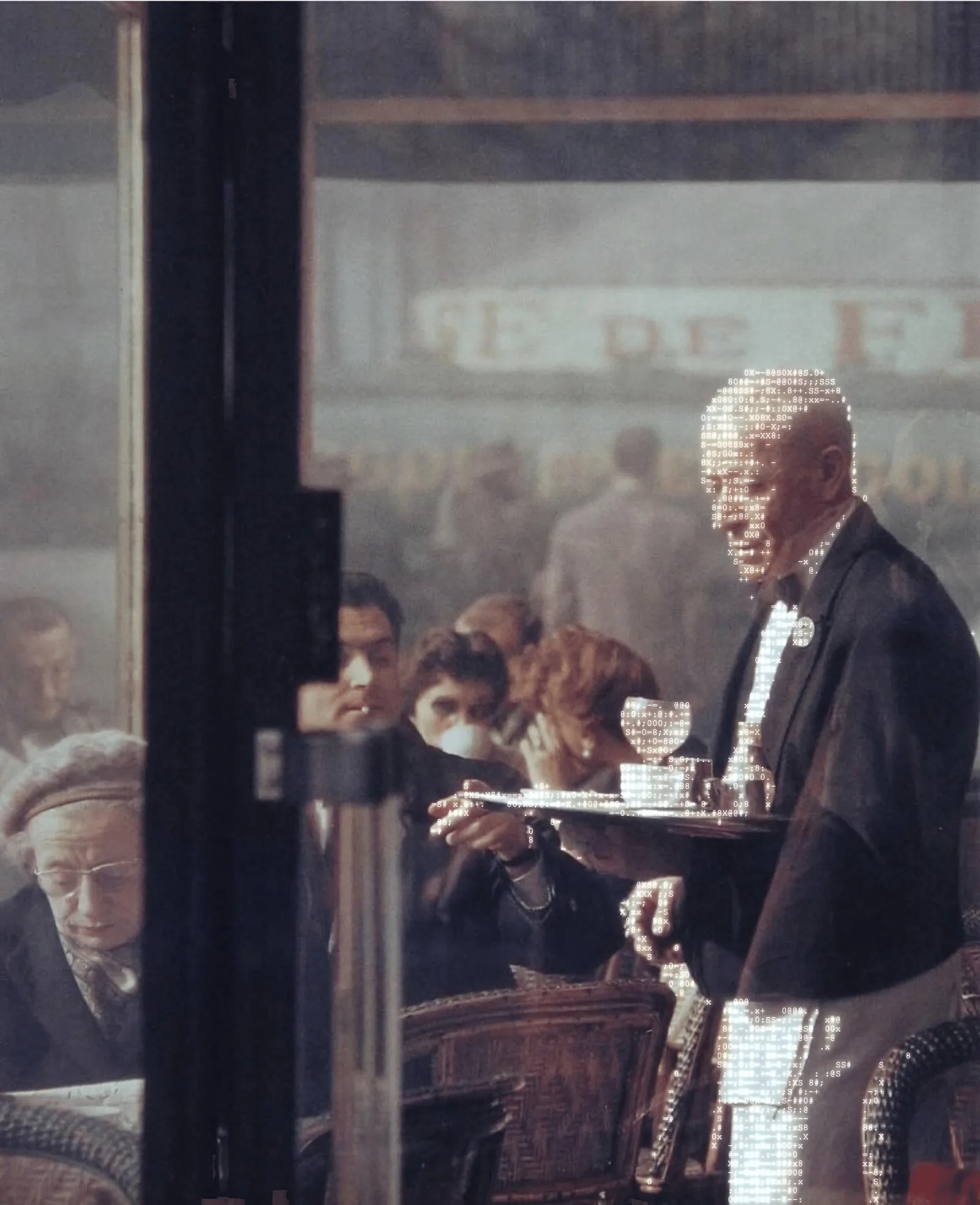 A waiter carries a tray through a crowded dining room