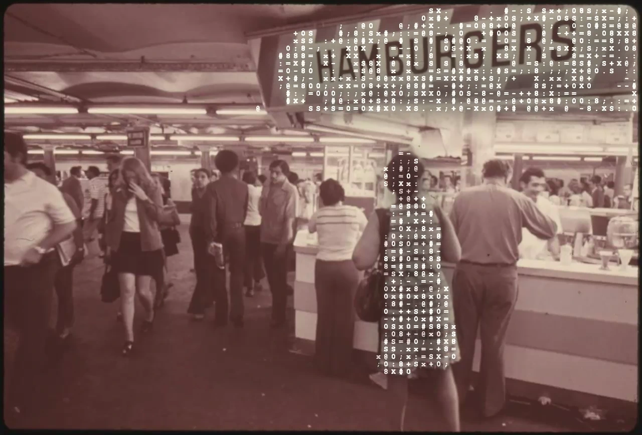 Hamburger stand beside a subway platform, 1973