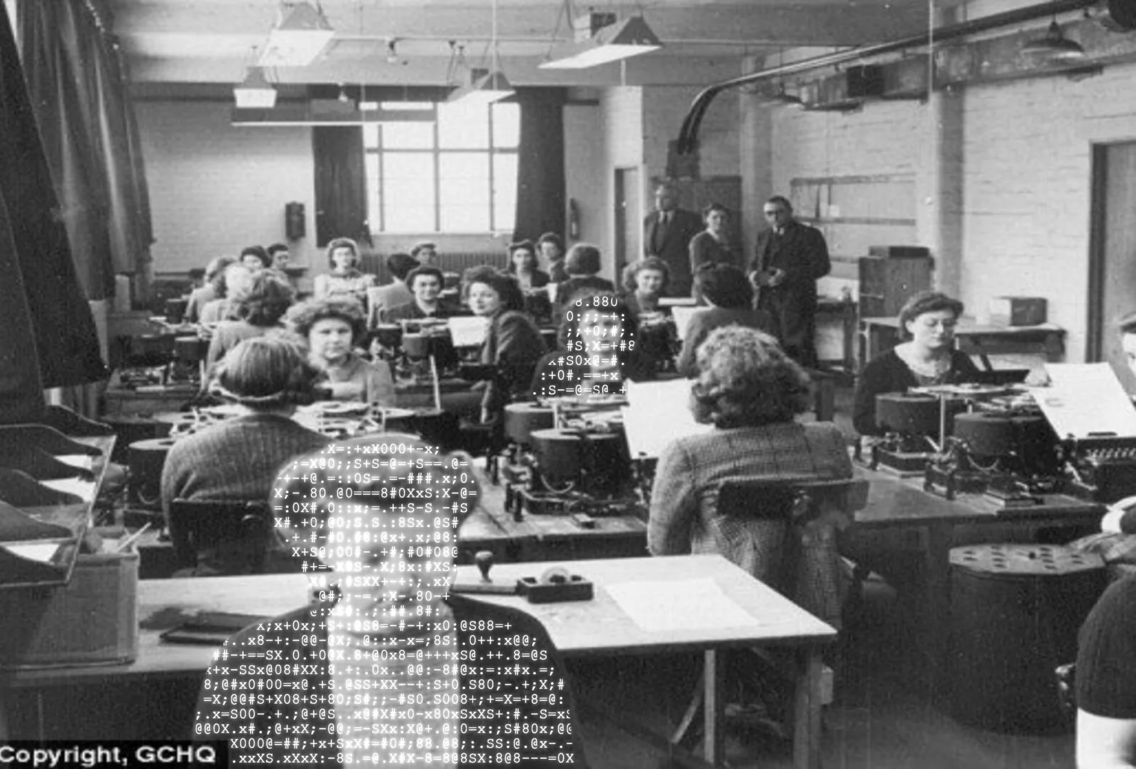 Rows of women working at desks in a calculation room